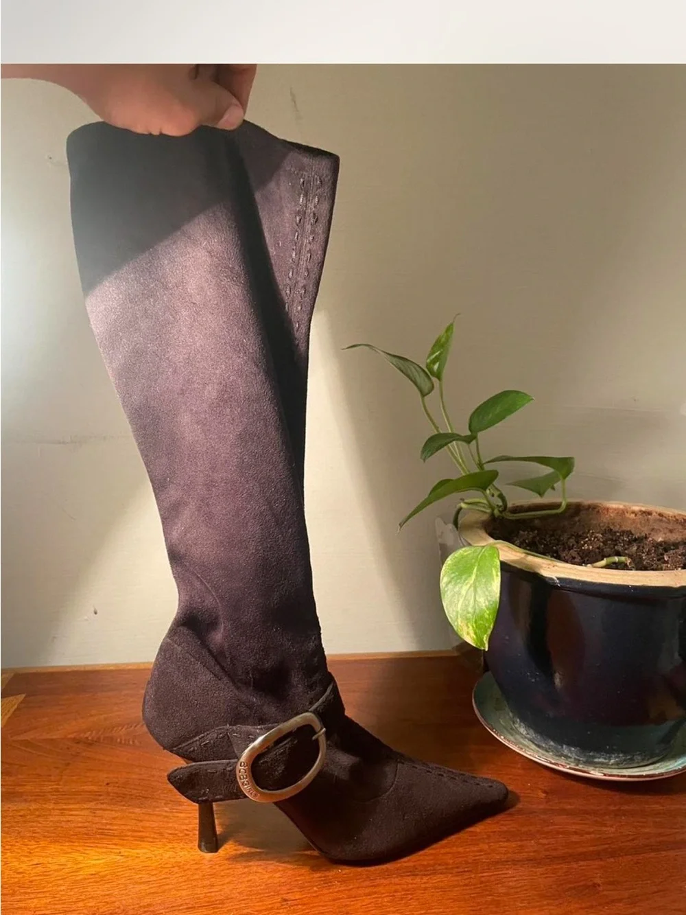 Classic Pointed-Toe Buckle Knee High Boots in Dark Brown